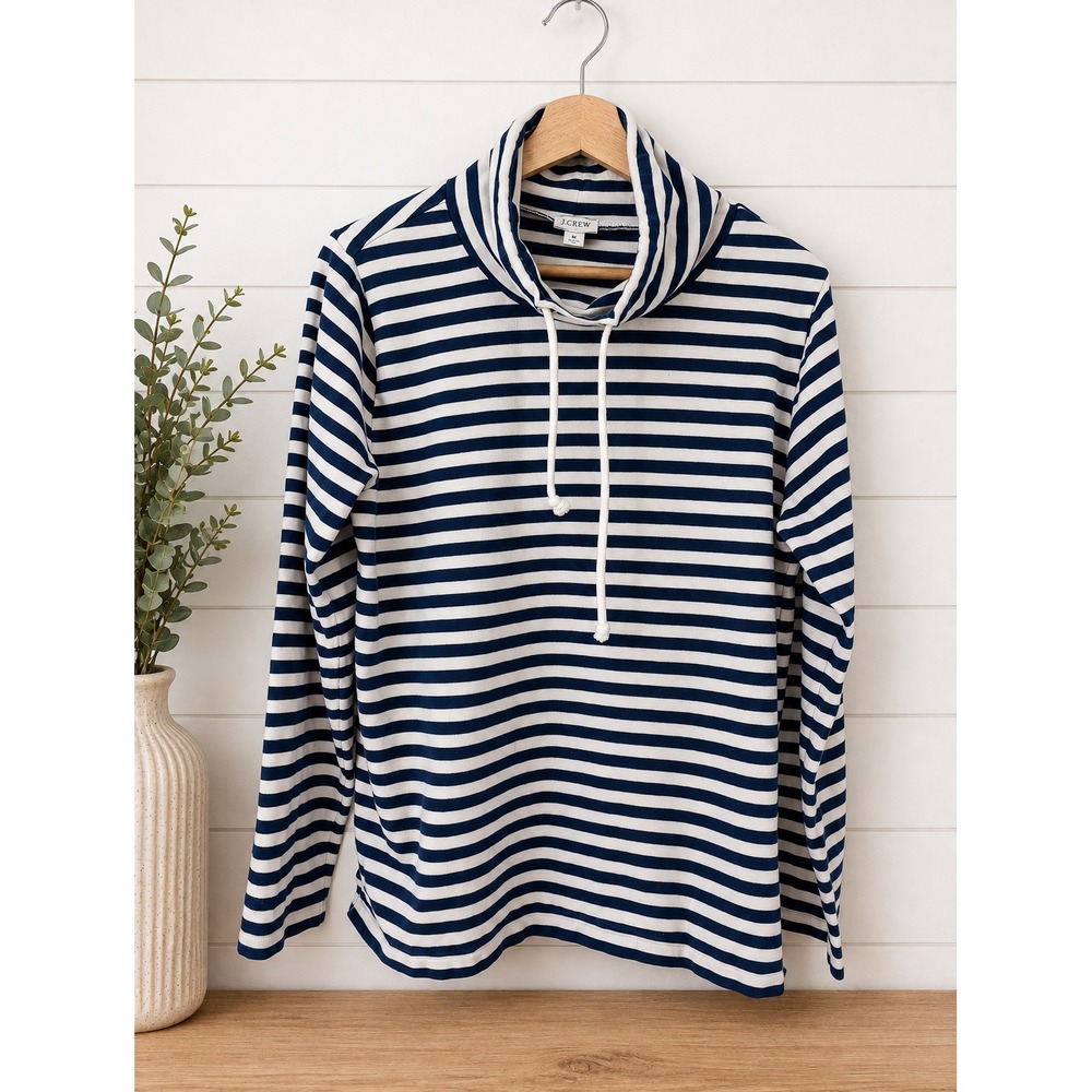 J.Crew Cowl Neck Pullover Women M Blue White Striped Drawstring Long Sleeve